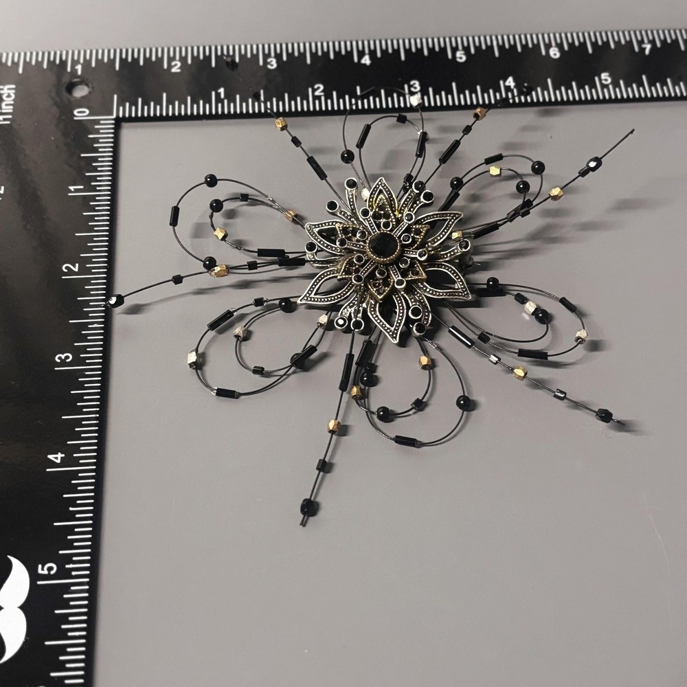 Large Statement Flower Starburst Brooch Pin Black Rhinestone Beaded Silver Tone - Picture 3 of 12